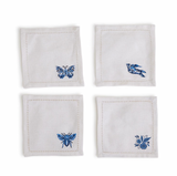 Set of 4 Blue and White Embroidered Cocktail Napkins